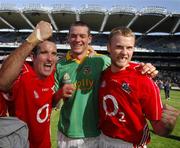 19 August 2007; Cork players, from left, Kieran O'Connor, Pearse O'Neill and Michael Shields celebrate after the game. Bank of Ireland All-Ireland Senior Football Championship Semi-Final, Meath v Cork, Croke Park, Dublin. Picture credit; Brendan Moran / SPORTSFILE *** Local Caption ***