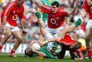 19 August 2007; Cian Ward, Meath, under pressure from Kieran O'Connor, left, Graham Canty and Anthony Lynch, Cork. Bank of Ireland All-Ireland Senior Football Championship Semi-Final, Meath v Cork, Croke Park, Dublin. Picture credit; Brendan Moran / SPORTSFILE *** Local Caption ***