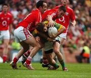 19 August 2007; Brian Farrell, Meath, in action against Kieran O'Connor, left, and Noel O'Leary, Cork. Bank of Ireland All-Ireland Senior Football Championship Semi-Final, Meath v Cork, Croke Park, Dublin. Picture credit; Stephen McCarthy / SPORTSFILE *** Local Caption ***