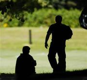 20 August 2007; Ireland head coach Eddie O'Sullivan, right, arrives for squad training with Donncha O'Callaghan. Ireland Rugby World Cup Squad Training. Campbell College, Belfast, Co. Antrim. Picture credit: Brendan Moran / SPORTSFILE