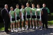 20 August 2007; Pictured at a photocall ahead of the Tour of Ireland are, from left, Declan Byrne, Cycling Ireland CEO, Derek Burke, Philip Deignan, Nicolas Roche, Brian Kenneally, Martyn Irvine, Dermot Nally, Irish National Team, and Cian Lynch, Team manager. Lyrath Estate Hotel, Dublin Road, Co. Kilkenny. Picture credit: Stephen McCarthy / SPORTSFILE *** Local Caption ***