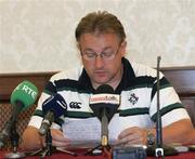 21 August 2007; Ireland Head Coach Eddie O'Sullivan reads out the squad line-up at a press conference ahead of their Rugby World Cup Warm-Up game with Italy. Ireland Rugby Press Conference. Culloden Hotel, Belfast, Co. Antrim. Picture credit: Oliver McVeigh / SPORTSFILE