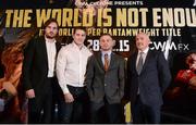18 December 2014; Pictured are, from left to right, Blain McGuigan, Promoter Cyclone Promotions, trainer Shane McGuigan, boxer Carl Frampton with his manager Barry McGuigan after a press conference ahead of the mandatory IBF World title defence Carl Frampton against Chris Avalos. Europa Hotel, Belfast, Co. Antrim. Picture credit: Oliver McVeigh / SPORTSFILE