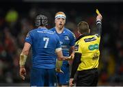 26 December 2014; Referee Nigel Owens shows a yellow card to Leinster's Darragh Fanning, centre, in the company of Shane Jennings. Guinness PRO12, Round 11, Munster v Leinster, Thomond Park, Limerick. Picture credit: Diarmuid Greene / SPORTSFILE