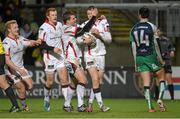26 December 2014; Craig Gilroy, right, Ulster, celebrates after scoring his side's first try with team-mates Peter Nelson, Stuart Olding and Louis Ludik. Guinness PRO12, Round 11, Ulster v Connacht, Kingspan Stadium, Ravenhill Park, Belfast, Co. Down. Picture credit: Oliver McVeigh / SPORTSFILE