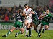 26 December 2014; Craig Gilroy, Ulster, is tackled by Finlay Bealham, left, and Tom McCartney, Connacht. Guinness PRO12, Round 11, Ulster v Connacht, Kingspan Stadium, Ravenhill Park, Belfast, Co. Down. Picture credit: Oliver McVeigh / SPORTSFILE