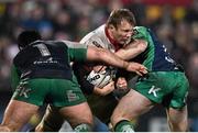 26 December 2014; Roger Wilson, Ulster, is tackled by Dennis Buckley, left, and Matt Healy, Connacht. Guinness PRO12, Round 11, Ulster v Connacht, Kingspan Stadium, Ravenhill Park, Belfast, Co. Down. Picture credit: Ramsey Cardy / SPORTSFILE