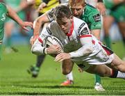 26 December 2014; Craig Gilroy goes over to score his side's first try. Guinness PRO12, Round 11, Ulster v Connacht, Kingspan Stadium, Ravenhill Park, Belfast, Co. Down. Picture credit: John Dickson / SPORTSFILE