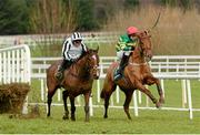 27 December 2014; Shantou Ed, right, with Alan Crowe up, on their way to winning the Paddy Power Games Handicap Hurdle. Leopardstown Christmas Festival, Leopardstown, Co. Dublin. Picture credit: Piaras Ó Mídheach / SPORTSFILE