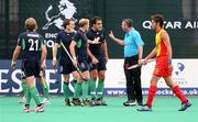 19 August 2007; Ireland players, from left, Mark Irwin, Patrick Brown, and Stephen Butler question Umpire Jed Curran about a penalty corner which Spain ultimately scored from. 2007 EuroHockey Nations Championships, Mens, Pool B, Ireland v Spain, Belle Vue Hockey Centre, Kirkmanshulme Lane, Belle Vue, Manchester, England. Picture credit: Oliver McVeigh / SPORTSFILE