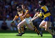 15 August 1999; DJ Carey of Kilkenny on his way to scoring a goal despite the challenges of Frank Lohan and Séan McMahon, 6 of Clare during the Guinness All-Ireland Senior Hurling Championship Semi-Final match between Clare and Kilkenny at Croke Park in Dublin. Photo by Brendan Moran/Sportsfile