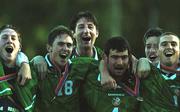 25 July 1999; Republic of Ireland players, from left, Conor O'Grady, Richie Partridge, Clive Delaney, Jason Gavin, Trevor Fitzpatrick and Colin Healy celebrate after the 1999 UEFA European Under 18 Championship Third Place Play-Off match between Greece and Republic of Ireland at Folkungavallen Stadium in Linkoping, Sweden. Photo by David Maher/Sportsfile
