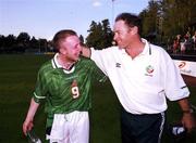 19 July 1999; Republic of Ireland goalscorer Gerry Crossley celebrates with his manager Brian Kerr after the 1999 UEFA European Under 18 Championship Group B Round 1 match between Republic of Ireland and Spain at Kopparvallen Stadium in Atvidaberg, Sweden. Photo by David Maher/Sportsfile