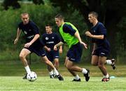 17 July 1999; Graham Barrett, centre, is closely watched by Colin Healy, left, and Liam Miller, during a Republic of Ireland training session at Karlbergsplan in Linkoping, Sweden. Photo by David Maher/Sportsfile