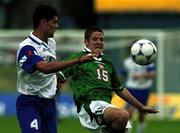 25 July 1999; Graham Barrett of Republic of Ireland in action against  Efstathios Tavlaridis of Greece during the 1999 UEFA European Under 18 Championship Third Place Play-Off match between Greece and Republic of Ireland at Folkungavallen Stadium in Linkoping, Sweden. Photo by David Maher/Sportsfile