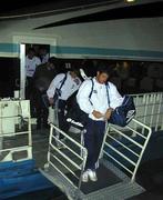 14 November 1999; Republic of Ireland players Kenny Cunningham, front, and David Connolly disembark a seacat vessel at Yalova Seaport in Yeravan, Armenia, on their way to Bursa in Turkey for their UEFA European Championships Qualifier Play-Off Second Leg playoff against Turkey. Photo by David Maher/Sportsfile