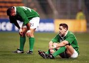 20 October 1999; Ireland players scrum-half Tom Tierney, front, and Justin Fitzpatrick dejected after the 1999 Rugby World Cup Quarter-Final Play-Off match between Argentina and Ireland at Stade Felix Bollaert in Lens, France. Photo by Brendan Moran/Sportsfile