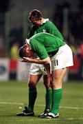 20 October 1999; Ireland players Matt Mostyn, 11, and Justin Bishop dejected after the 1999 Rugby World Cup Quarter-Final Play-Off match between Argentina and Ireland at Stade Felix Bollaert in Lens, France. Photo by Brendan Moran/Sportsfile