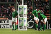 0 October 1999; Ireland players from left, Kevi Maggs, Reggie Corrigan and Kieron Dawson await a kick by Argentina near the end of the 1999 Rugby World Cup Quarter-Final Play-Off match between Argentina and Ireland at Stade Felix Bollaert in Lens, France. Photo by Brendan Moran/Sportsfile