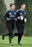 16 November 1999; Goalkeepers Gary Kelly, left, and Dean Kiely during a Republic of Ireland training session at Veledrom Stadium in Bursa, Turkey. Photo by Brendan Moran/Sportsfile *** Local Caption ***