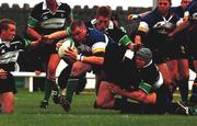 30 October 1999; Victor Costello of Leinster on his way to scoring his side's first try as he's tackled by Eoin Brennan and Martyn Steffert of Connacht during the Guinness Interprovincial Rugby Championship match between Connacht and Leinster at the Sportsground in Galway. Photo by David Maher/Sportsfile