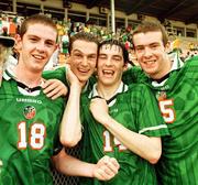 10 10 April 1999; Father Frank Diamond, second from left, celebrates with Republic of Ireland players, from left, Barry Ferguson, Richard Sadlier and Ryan Casey after the 1999 FIFA World Youth Championship Group C Round 3 match between Australia and Republic of Ireland at the Liberty Stadium in Ibadan, Nigeria. Photo by David Maher/Sportsfile