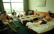 2 April 1999; Republic of Ireland players, from left, Ryan Casey, Barry Quinn, Damien Duff, Stephen McPhail and Alex O'Reilly relax in the Premier Hotel after a Republic of Ireland U20 Squad training sesssion at the Liberty Stadium in Ibadan, Nigeria. Photo by David Maher/Sportsfile