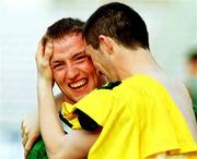10 April 1999; Republic of Ireland players Ger Crossley, left, and Robbie Keane celebrate after the 1999 FIFA World Youth Championship Group C Round 3 match between Australia and Republic of Ireland at the Liberty Stadium in Ibadan, Nigeria. Photo by David Maher/Sportsfile