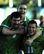 25 July 1999; Republic of Ireland players, from left, Richie Partridge, Jason Gavin, and Colin Healy celebrate after the 1999 UEFA European Under 18 Championship Third Place Play-Off match between Greece and Republic of Ireland at Folkungavallen Stadium in Linkoping, Sweden. Photo by David Maher/Sportsfile