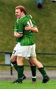 21 July 1999; Gary Doherty of Republic of Ireland, right, celebrates with team-mate Trevor Fitzpatrick after scoring his side's third and equalising goal during the Under 18 Championship Group B Round 2 match between Republic of Ireland and Georgia at the Grosvard Stadium in Finspang, Sweden. Photo by David Maher/Sportsfile