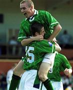 21 July 1999; Rep of Ireland goalscorer Graham Barrett of Republic of Ireland, 15, celebrates after scoring his side's first goal with team-mate Colin Healy during the Under 18 Championship Group B Round 2 match between Republic of Ireland and Georgia at the Grosvard Stadium in Finspang, Sweden. Photo by David Maher/Sportsfile