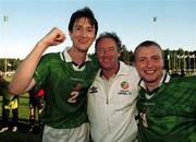 25 July 1999; Republic of Ireland manager Brian Kerr with goalscorer Clive Delaney, left, and Gerry Crossley celebrate after the 1999 UEFA European Under 18 Championship Third Place Play-Off match between Greece and Republic of Ireland at Folkungavallen Stadium in Linkoping, Sweden. Photo by David Maher/Sportsfile