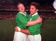 4 March 2000; Ireland players Mick Galwey, left, and Kieron Dawson celebrate after the Lloyds TSB 6 Nations match between Ireland and Italy at Lansdowne Road in Dublin. Photo by Matt Browne/Sportsfile