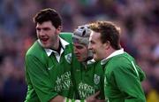 4 March 2000; Girvan Dempsey, centre, of Ireland celebrates scoring a try with team-mates Shane Horgan, left, and Denis Hickie during the Lloyds TSB 6 Nations match between Ireland and Italy at Lansdowne Road in Dublin. Photo by Brendan Moran/Sportsfile