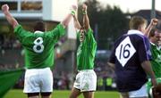 19 February 2000; Ireland players Kieron Dawson, left, and Anthony Foley celebrate after the Lloyds TSB 6 Nations match between Ireland and Scotland at Lansdowne Road in Dublin. Photo by Brendan Moran/Sportsfile