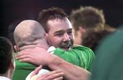 19 February 2000; Ireland players Anthony Foley, right, and Keith Wood celebrate after the Lloyds TSB 6 Nations match between Ireland and Scotland at Lansdowne Road in Dublin. Photo by Brendan Moran/Sportsfile