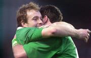 19 February 2000; Ireland players Denis Hickie, left, and Shane Horgan celebrate after the Lloyds TSB 6 Nations match between Ireland and Scotland at Lansdowne Road in Dublin. Photo by Brendan Moran/Sportsfile