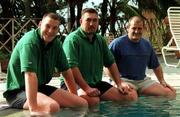 1 June 1999; Ireland players, from left, Robert Casey, Justin Fitzpatrick and Peter Clohessy cool down in the team hotel before the trip back to Sydney. Photo by Matt Browne/Sportsfile