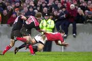 8 January 1999; Jason Holland of Munster goes over for his try despite the attentions of Ryan Constable and Mark Mapletoft, 15, of Saracens during the Heineken Cup Pool 4  Round 5 match between Munster and Saracens at Thomond Park in Limerick. Photo by Matt Browne/Sportsfile