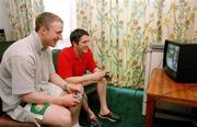 30 March 1999; Republic of Ireland players Gerry Crossley, left, and Robbie Keane get in some playstation practice in at the hotel room between training sessions at the Liberty Stadium in Ibadan, Nigeria. Photo by David Maher/Sportsfile