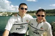23 November 1999; Republic of Ireland players Graham Barrett, right and Liam Miller near the team hotel, Les Lapins, at the Ta'Xbiex Yacht Marina in Malta. Photo by David Maher/Sportsfile