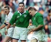 6 June 1999; Matt Mostyn of Ireland, right, is congratulated by team-mate Andy Ward after scoring his side's third try during the New South Wales v Ireland match at the Sydney Football Stadium, New South Wales, Australia. Photo by Matt Browne/Sportsfile