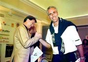 3 September 1999; Republic of Ireland manager Mick McCarthy meets the Croatian manager Miroslav Vlazevic during a press conference at the team hotel in Zagreb, Croatia. Photo by David Maher/Sportsfile