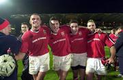 28 November 1999; Munster players from left, Alan Quinlan, David Wallace, Jeremy Staunton and Mike Mullins celebrate after the Heineken Cup Pool 4 match at Vicarage Road in Watford, London. Photo by Brendan Moran/Sportsfile
