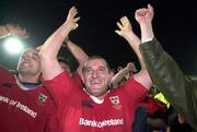 28 November 1999; Munster players Alan Quinlan, left, and Peter Clohessy celebrate after the Heineken Cup Pool 4 match at Vicarage Road in Watford, London. Photo by Brendan Moran/Sportsfile