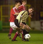 10 March 2000; Pat Morley of Cork City in action against Tony McCarthy of Shelbourne during the Eircom League Premier Division match between Shelbourne and Cork City at Tolka Park in Dublin. Photo by David Maher/Sportsfile