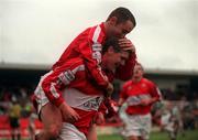 12 January 2000; Patsy Freyne celebrates his opening goal for Cork City with team-mate Ollie Cahill during the FAI Cup Second Round Replay match between Cork City and Shamrock Rovers at Turners Cross in Cork. Photo by Matt Browne/Sportsfile