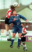 7 March 1999; Richie Baker of Shelbourne goes up for the ball with with Eamonn Doherty of Derry City during the FAI Cup quarter-final match between Derry City and Shelbourne at The Brandywell Stadium in Derry. Photo by Matt Browne/Sportsfile