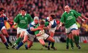 4 March 2000; Ronan O'Gara of Ireland, supported by team-mates Shane Horgan, left, and Keith Wood is tackled by Mauro Bergamasco, left, and Diego Dominguez of Italy during the Lloyds TSB 6 Nations match between Ireland and Italy at Lansdowne Road in Dublin. Photo by Brendan Moran/Sportsfile
