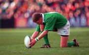 4 March 2000; Ronan O'Gara of Ireland lines up a kick during the Lloyds TSB 6 Nations match between Ireland and Italy at Lansdowne Road in Dublin. Photo by Brendan Moran/Sportsfile